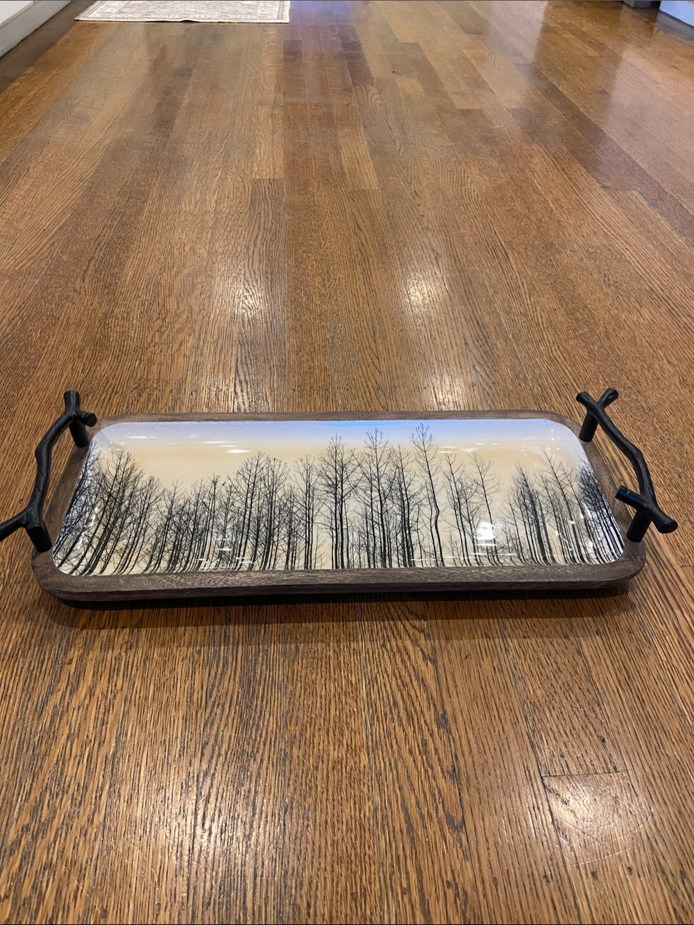 Michael Aram Forest Glass/Wood Tray with Black Iron Handles